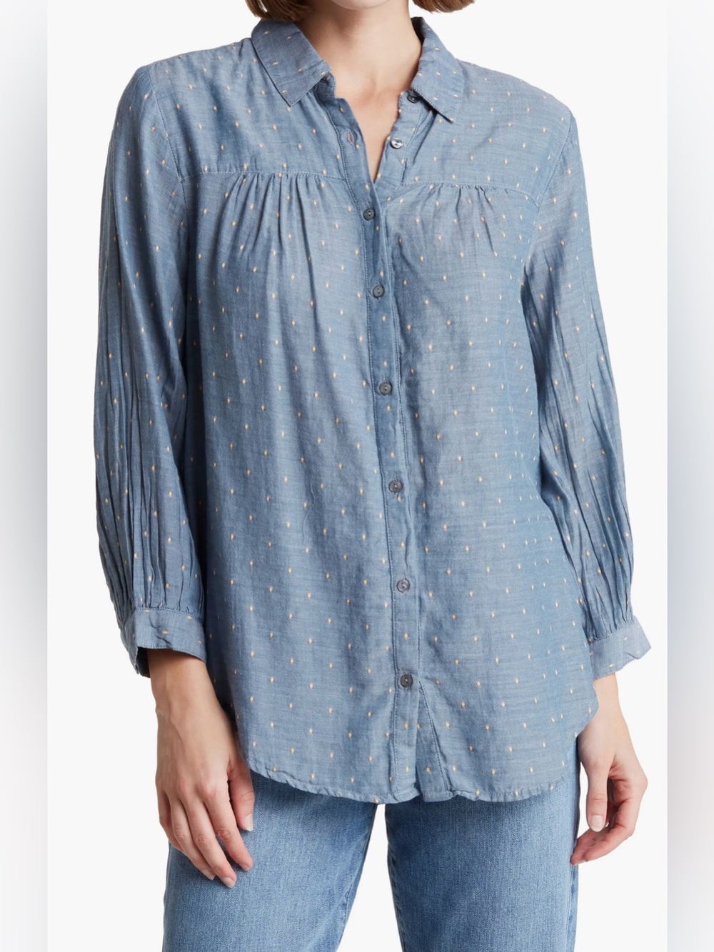 Current/Elliott Blue Chambray Dotted Relaxed Button Down Blouse - Size XL
